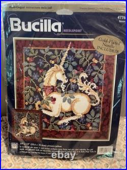 Vintage Bucilla UNICORN Medieval PillowithFrame Baatz Needlepoint Kit 4776