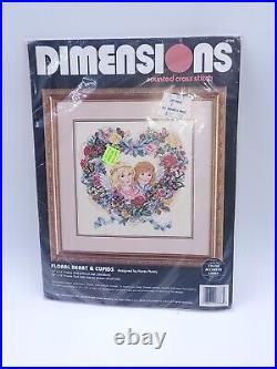 Vintage Dimensions Counted Cross Stitch Kit Floral Heart & Cupids #3786 NOS