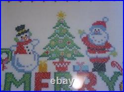 Vintage FINISHED Christmas Kit MERRY CHRISTMAS Framed LARGE Cross Stitch