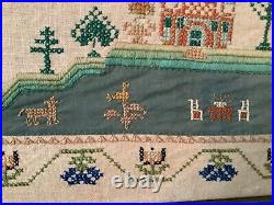 Vintage Finished Folk Art Cross Stitch Sampler AlphabetManDogs 23 x 18