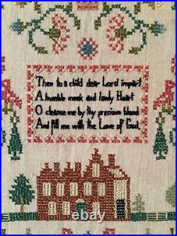 Vintage Finished Folk Art Cross Stitch Sampler Love of God Poem 19.25 x 25.5