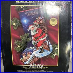 Vtg Dimensions GOLD Collection Counted Cross Stitch Stocking Kit ROOFTOP SANTA