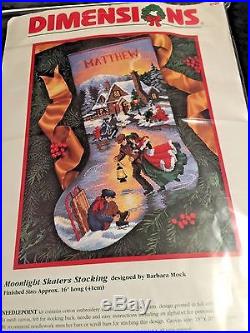 Vtg Needlepoint Stocking Kit Victorian MOONLIGHT SKATERS Dimensions Christmas