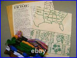 Vtg Paragon USA Map 50 United States Flower Linen Embroidery Sampler Kit 02126X