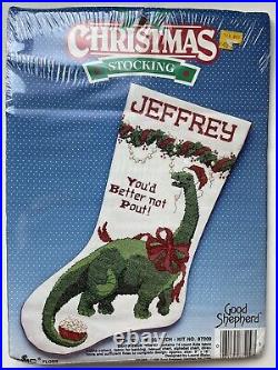 Vtg SANTA-SAUR Dinosaur Christmas Stocking Counted Cross Stitch Kit #87209 NEW